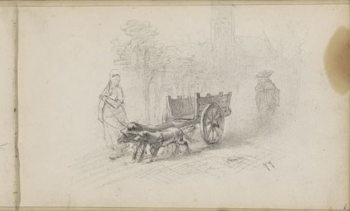 Veiled figure with a dog cart on a path