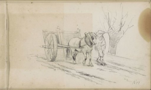 Veiled figure with a horse-drawn cart on a path