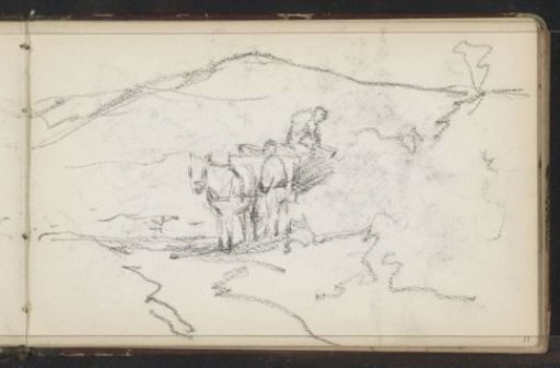 Hilly landscape with figures near a horse cart