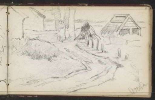 Path along a hut and sheaves of corn
