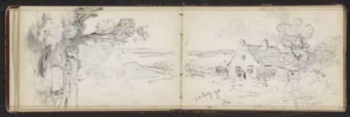 Bridge over water and a hilly landscape with a farm