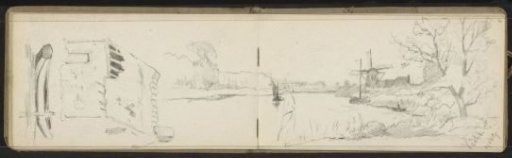 Mill and houses on the Vecht, a house with a thatched roof, and a rowing boat