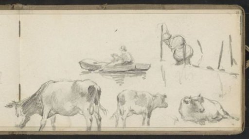 Cows and a figure in a rowing boat