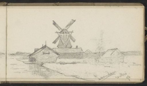 Landscape with a mill at a waterfront near Zaandam