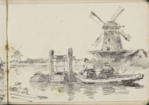 Rowing boat with two men by a water well in a river