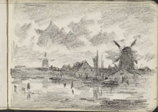 Mills and houses at a waterside