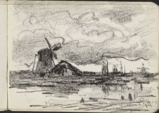 River landscape with mills and a farmhouse