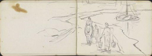 Three figures at a waterfront, possibly the Zuidkolk in Delft