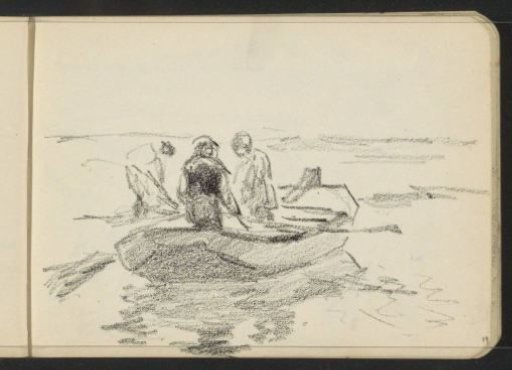 Two men in a rowing boat beside a shellfisherman