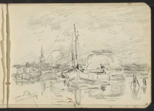 Sailing boat on the water before a village or town