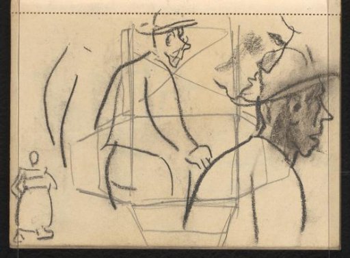 Two men with hats seen obliquely from behind and a face in profile