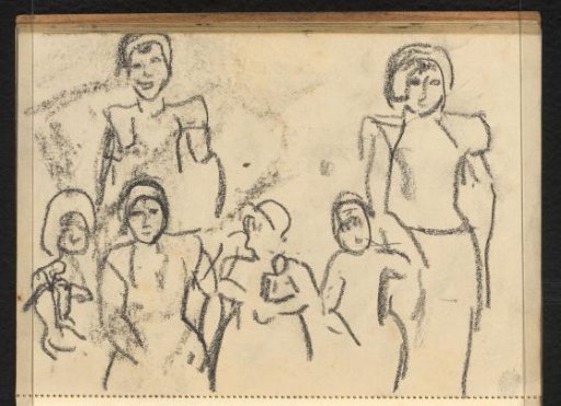 Two women and four girls in the traditional dress of Spakenburg