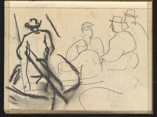 Standing figure with hat in a boat seen from behind and four seated figures with headgear