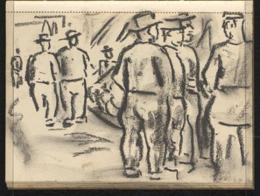 Standing men with headgear in the harbor of Spakenburg
