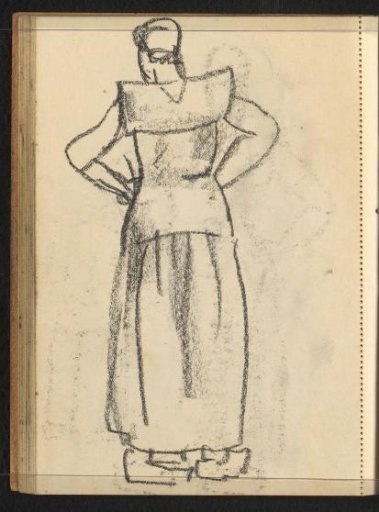 Cast of the drawing on page 20 recto and woman in the traditional dress of Spakenburg seen from behind