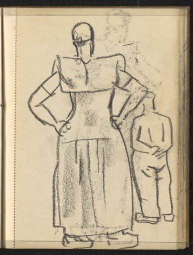 Cast of the drawing on page 19 verso, woman in the traditional dress of Spakenburg and man with hands on his back seen from behind