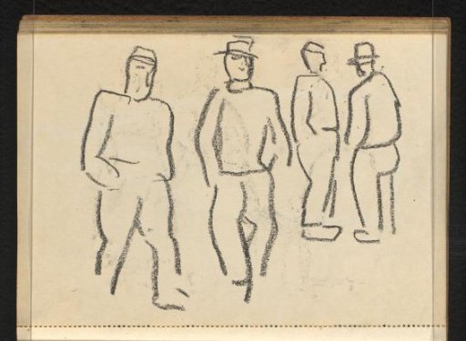 Cast of the drawing on page 25 recto, two walking and two standing men with headgear