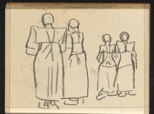 Cast of the drawing on page 26 recto and four standing women in the costume of Spakenburg seen from behind