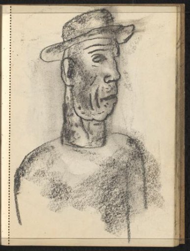 Man's head with a hat in profile to the right
