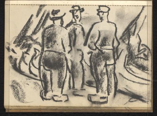 Three standing men with hats and wooden shoes