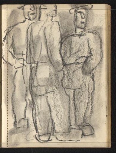 Three standing men with hats and wooden shoes