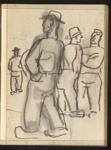 Four walking and standing men with hats and wooden shoes