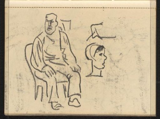 Cast of the drawing on page 4 verso, seated figure and woman's head with cap in profile