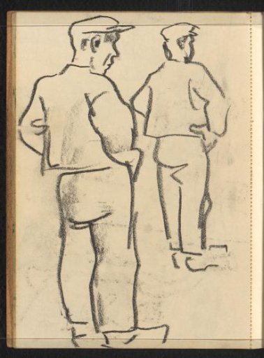 Two standing men with headgear and clogs seen from the side from behind