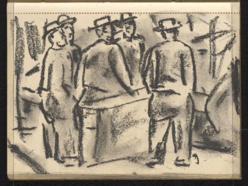 Conversation between five standing men with hats