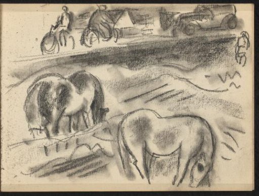 Two Grazing Horses and a Road with Traffic in the Background