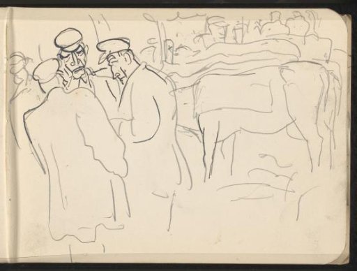 Three men with an animal and figures in the background