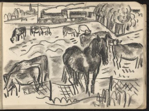 Horse and cows in a meadow with a train and village in the background