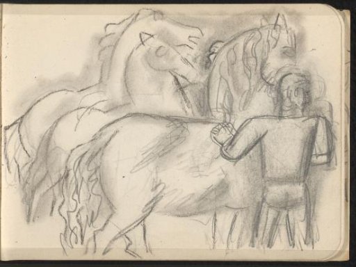 Three horses with a standing figure