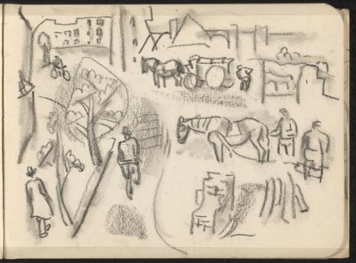City view with horses and cyclists