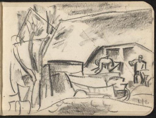 Figures in front of a house near a cart