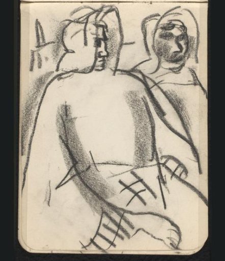 Two figures with caps