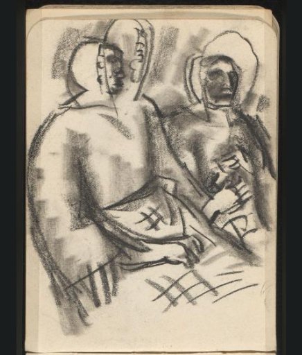 Two figures with caps