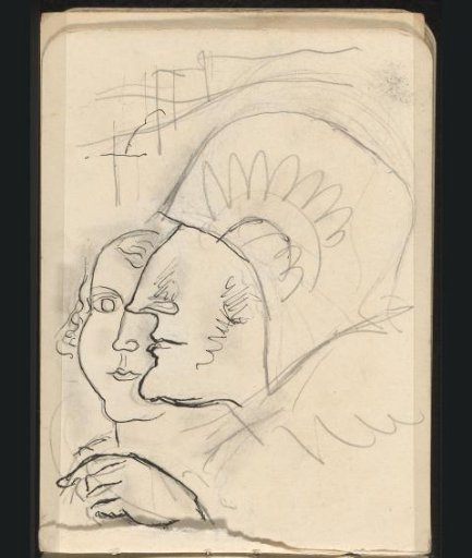 Two figures, one with a cap and seen from the side