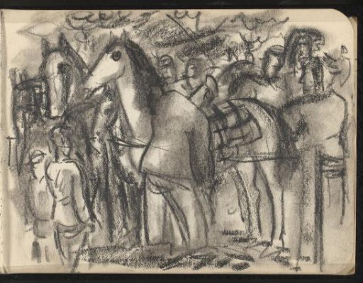Two horses among a group of figures