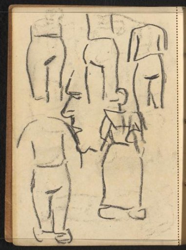 Standing figures seen from behind and head in profile