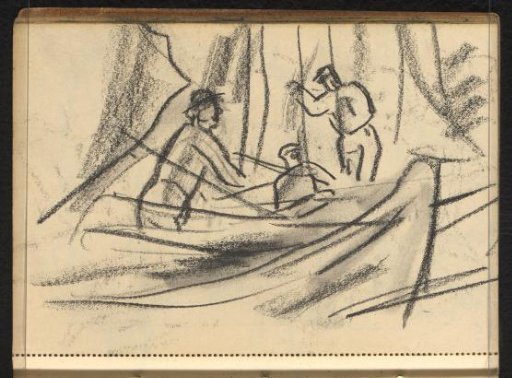 Three figures on board a boat in the harbor of Spakenburg
