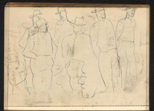 Six men with hats, a head and a face in profile