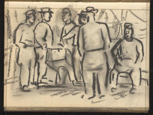 Conversation between six men with headgear