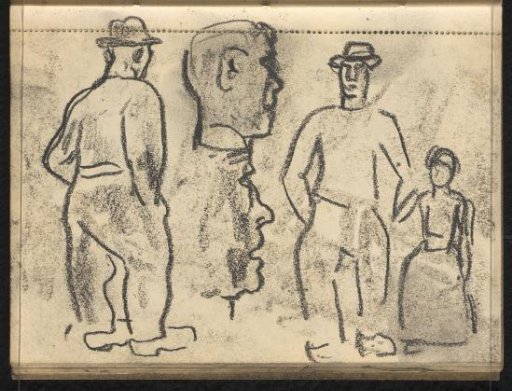 Man with girl by the hand, head and face in profile and man with hat seen from behind