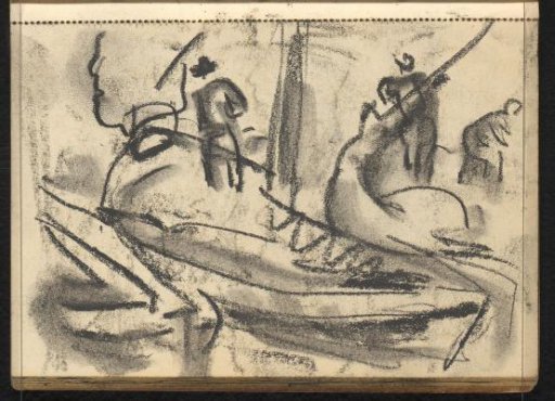 Three figures in the harbor of Spakenburg
