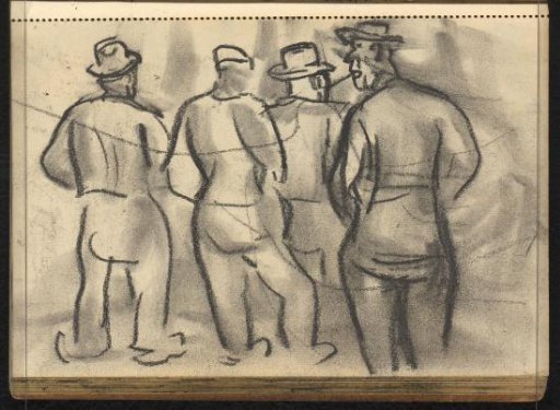 Four men with headgear seen from behind