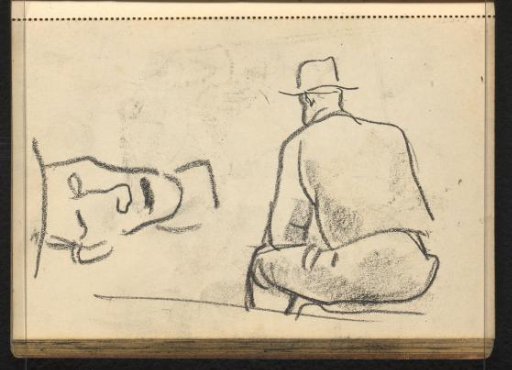 Cast of the drawing on page 20 recto, male head with hat and seated man with hat seen from behind