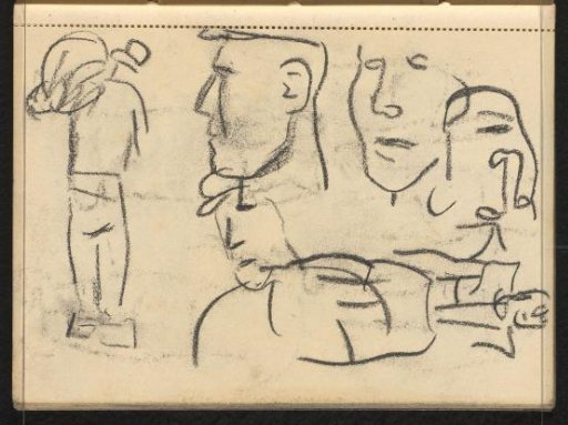 Heads and standing figure with a bag on shoulders seen from behind