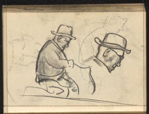 Cast of the drawing on page 19 verso, seated man with hat and spectacles in profile to the right and detail of his head