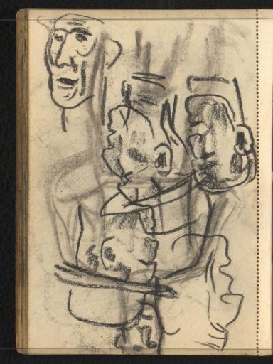 Standing figure with arms behind back and male heads with and without hats
